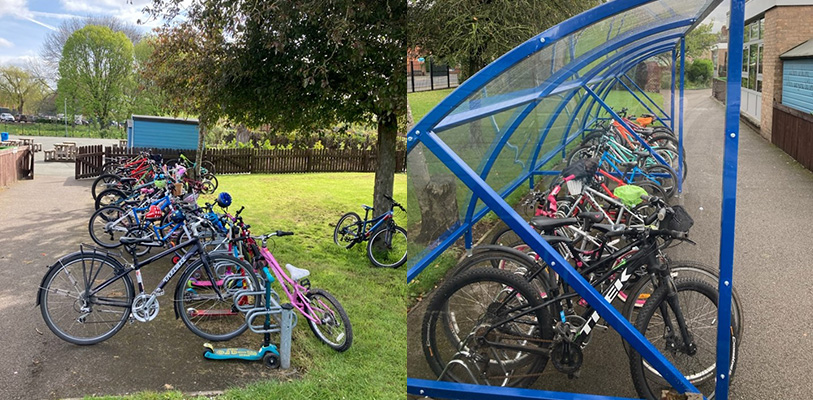 Left shows a row of bicycles before the new shelter was built, on the right clear curved bike shelter full of bikes.