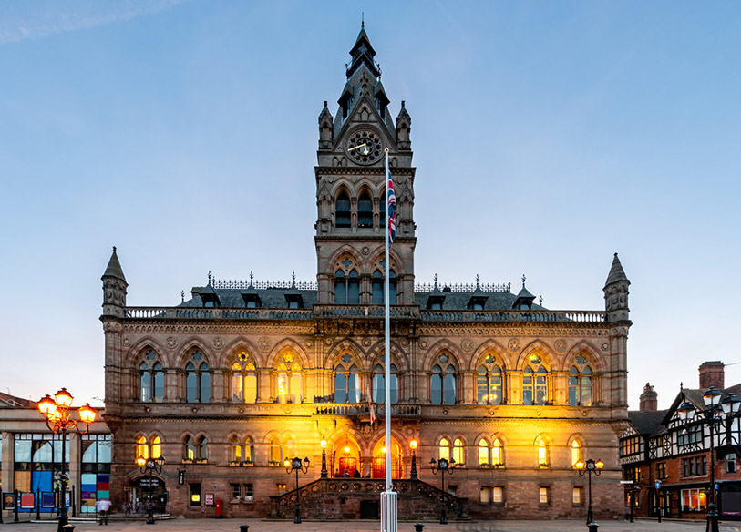 Chester Town Hall illuminated at dusk