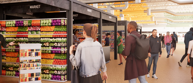 Artist's impression of market stalls.