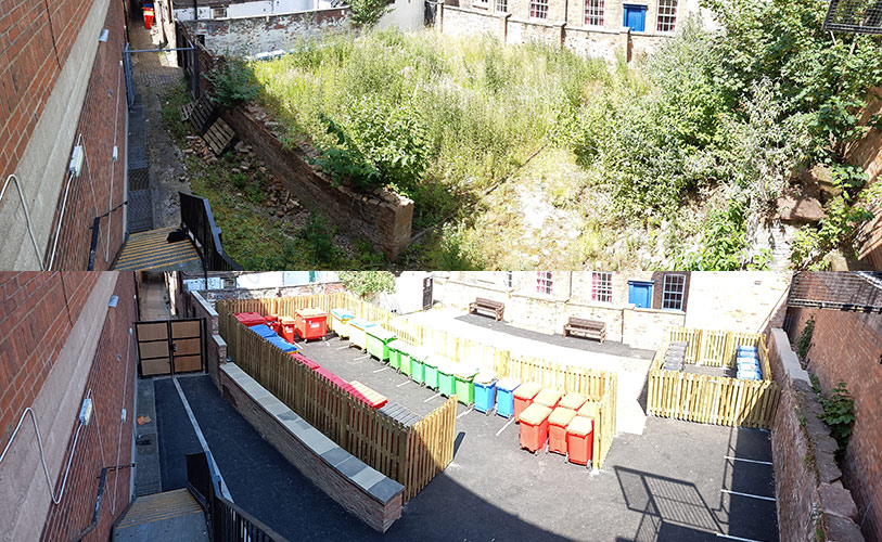 Feathers Lane before and after images. Feathers Lane before work overgrown with grass, bushes and trees. Feathers Lane after with new bin area, fences and benches.