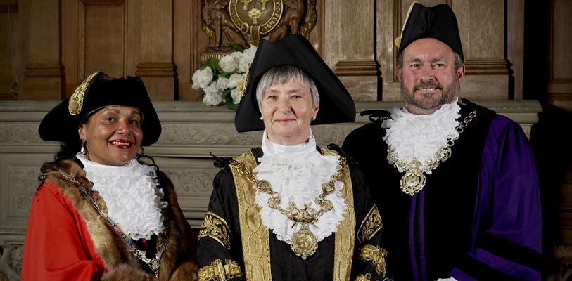 Deputy Lord Mayor of Chester, Cllr Razia Daniels, Lord Mayor of Chester, Cllr Sheila Little and Sheriff of Chester, Cllr Hugo Deynem.