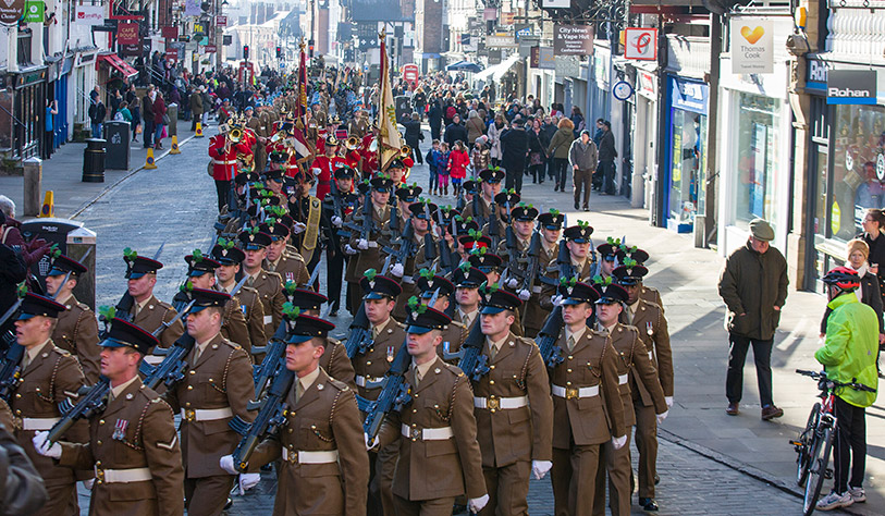 Soldiers of 1st Battalion the Mercian Regiment march through the streets of Chester