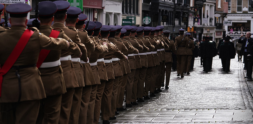 Military parade with soldiers in Chester city centre on Armed Forces Day