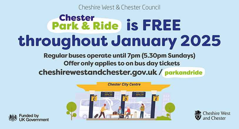 A graphic announcing free travel on Chester's Park & Ride services throughout January 2025.