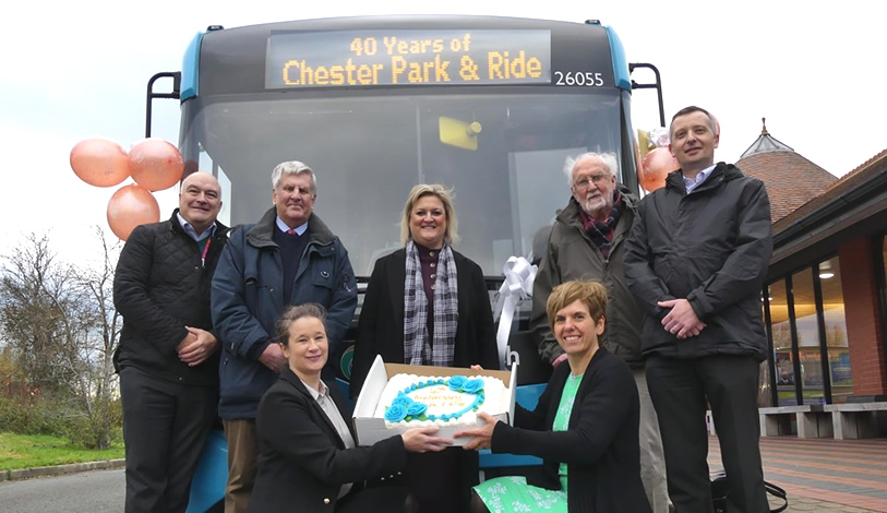 Pictured left to right: John Ellis Jones, Assistant Team Leader - Transport; Roger Vincent, former Chester City Council officer; Kristy Littler, Transport Manager; Councillor Karen Shore, Deputy Council Leader and Cabinet Member for Environment, Highways and Strategic Transport; Lynne McKie, Transport Team Leader, Roy Greenwood, former Cheshire County Council employee and James Mellor, Commercial Director Stagecoach. Both Roy and Roger were involved in setting up the service in 1983.