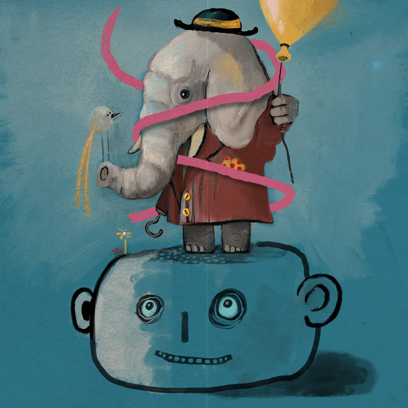 An illustration of an elephant holding a balloon stood on a face