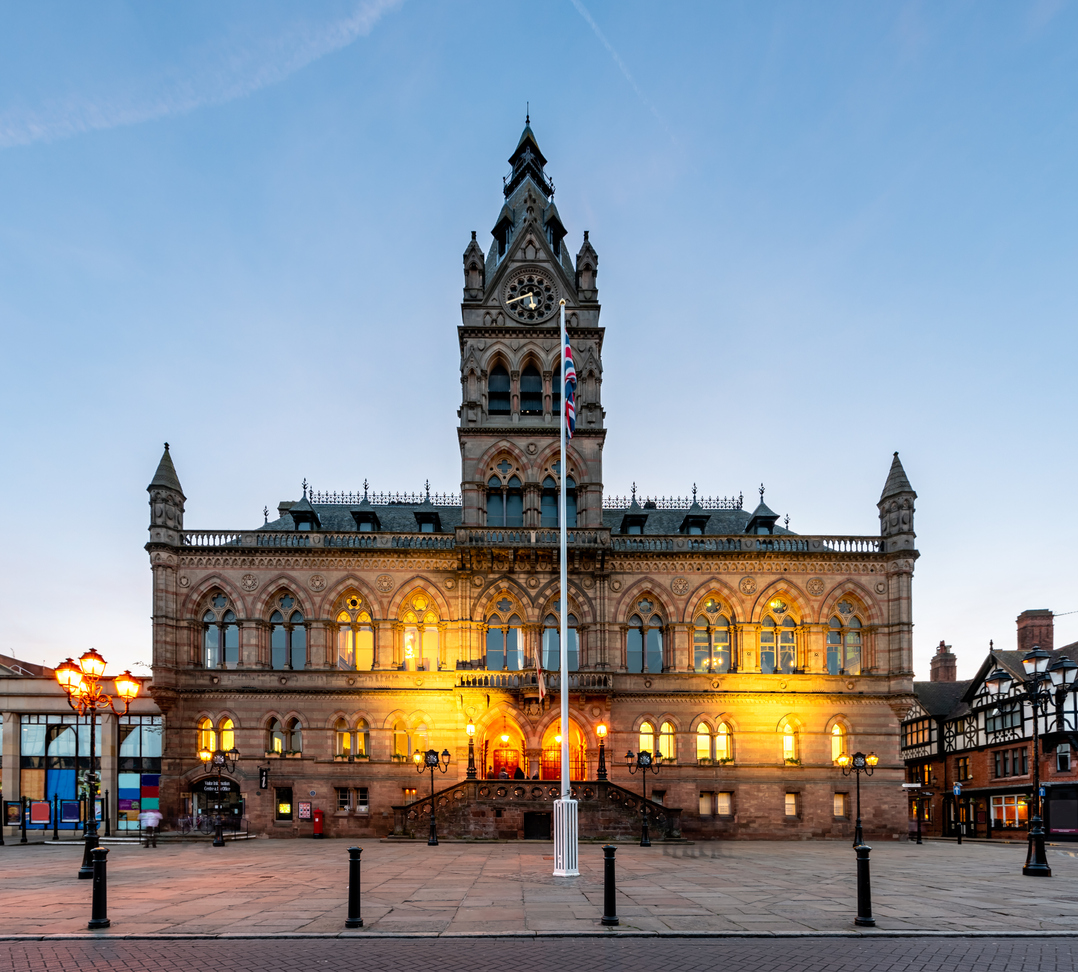 Chester Town Hall illuminated at dusk